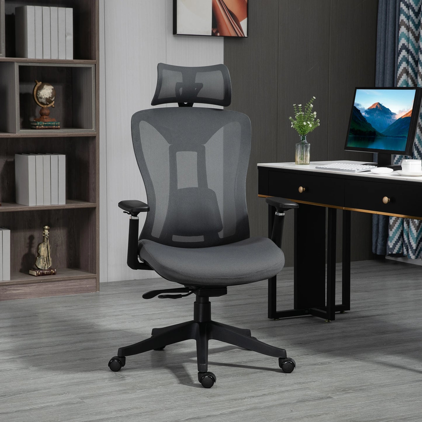 Ergonomic Mesh Office Chair with Adjustable Headrest in Grey