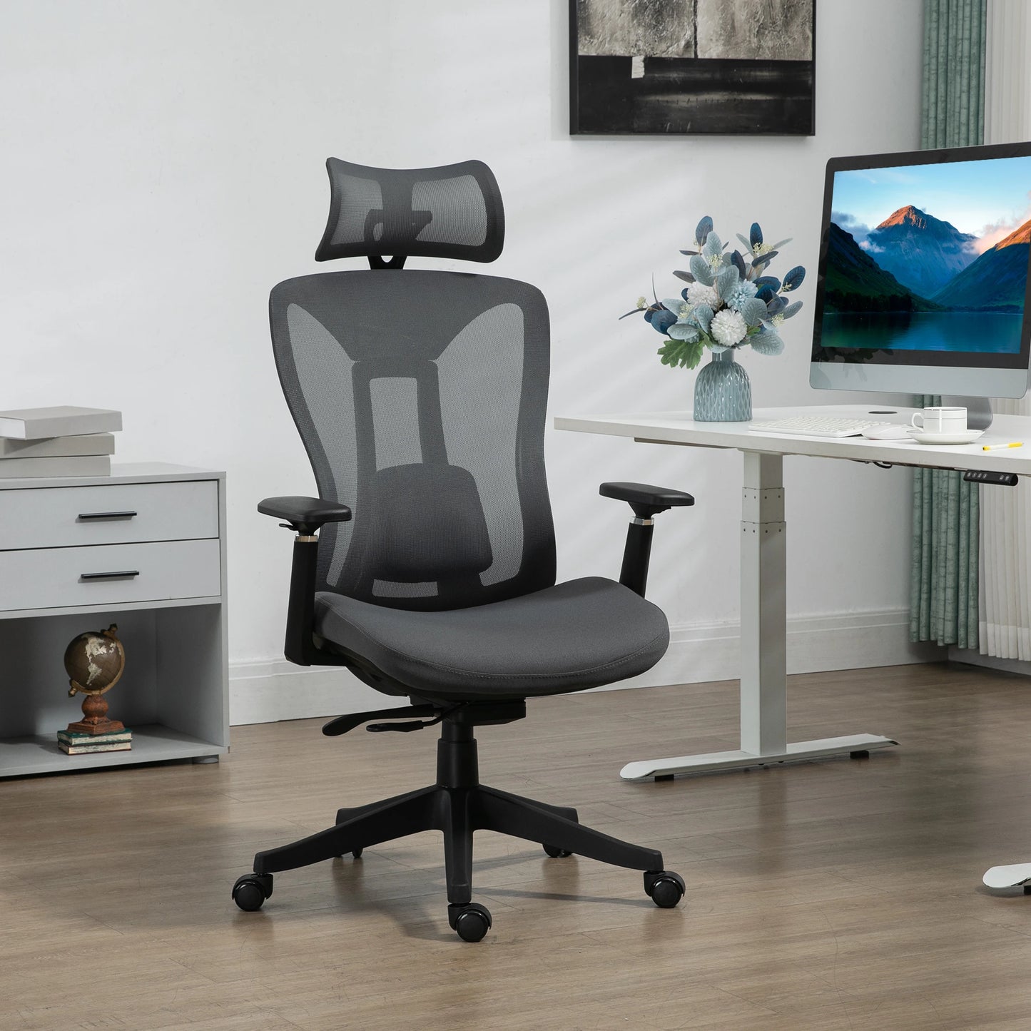 Ergonomic Mesh Office Chair with Adjustable Headrest in Grey