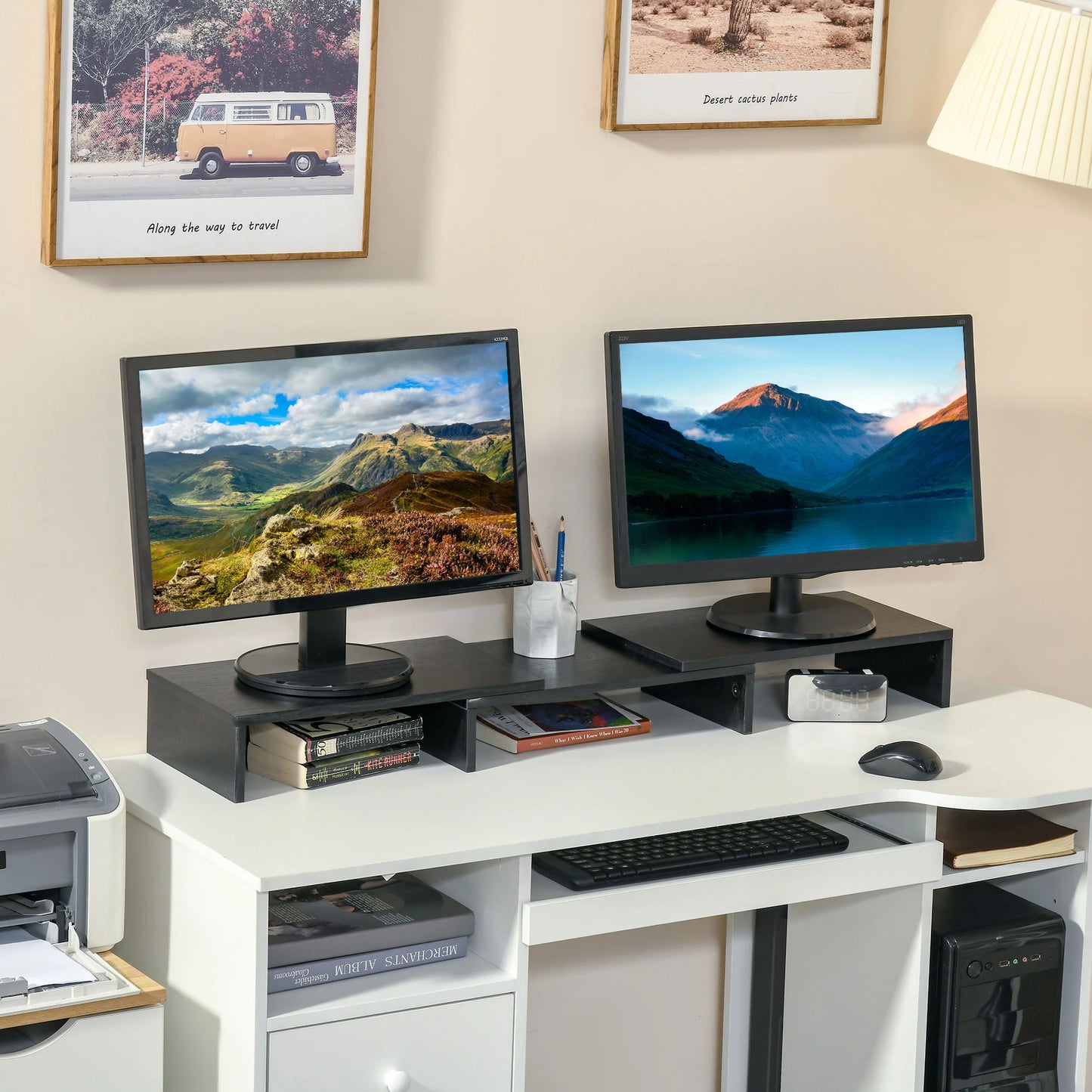 Dual Monitor Stand Riser with Adjustable Length and Angle in Black