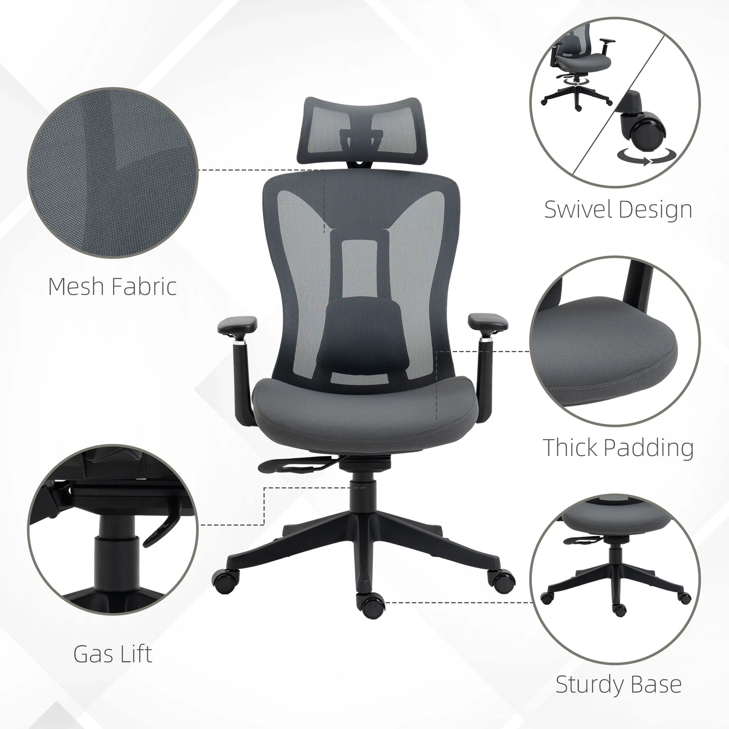 Ergonomic Mesh Office Chair with Adjustable Headrest in Grey